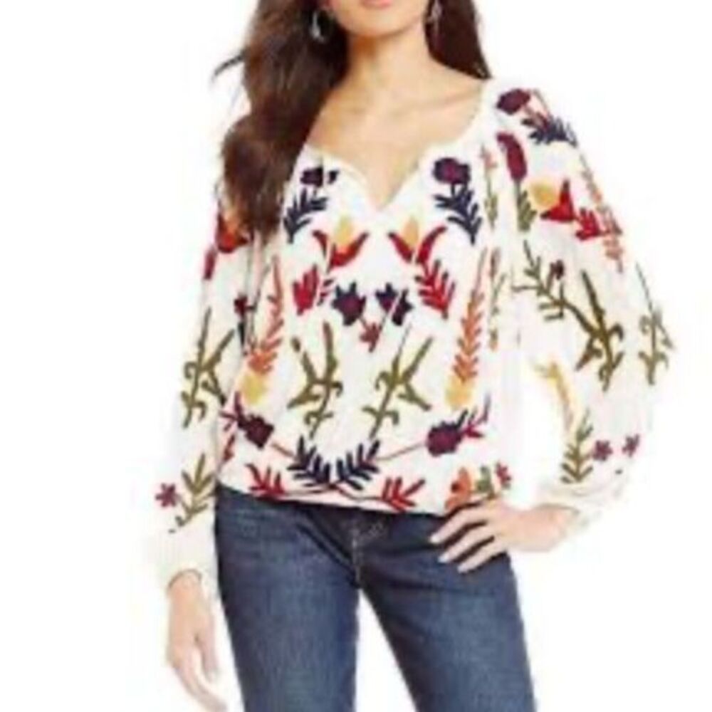 Chelsea & Theodore Women's Ivory Multi Floral Embroidered Peasant Blouse Size S
